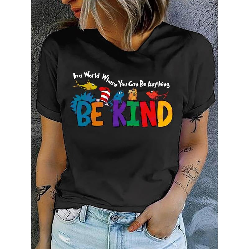 Women'S Casual Short Sleeve Crew Neck Polyester and Spandex Knit Fabric Letter Print Regular Length T-shirt for Spring,...