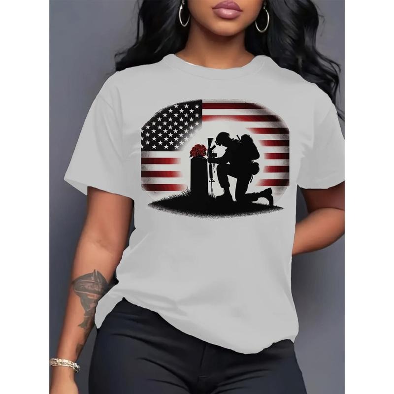 Women'S Casual Short Sleeve Memorial Shirt with Soldier Silhouette and American Flag