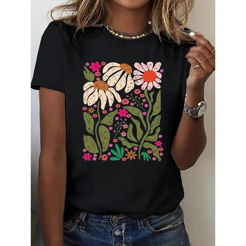 Women'S Casual T-Shirt- Black with Bright Daisy Floral Print, Round Neck Short Sleeve, Machine Washable, All-Season...