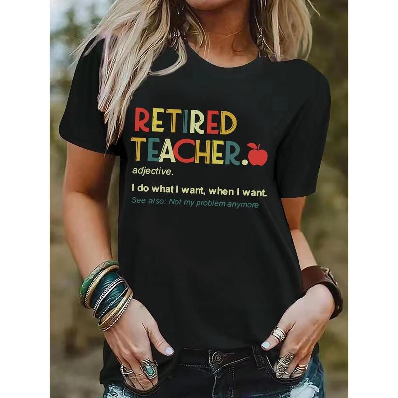 Women'S Casual T-Shirt with Retired Teacher Print - Crew Neck, Short Sleeve, Breathable & Soft, Non-Sheer, Geometric...