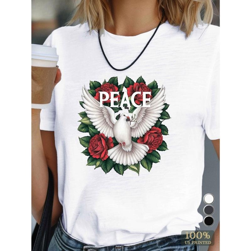 Women'S Comfort Tee- Peace Dove& Red Roses Graphic, Casual Polyester Short Sleeve T-Shirt, Machine Washable, Round Neck-...