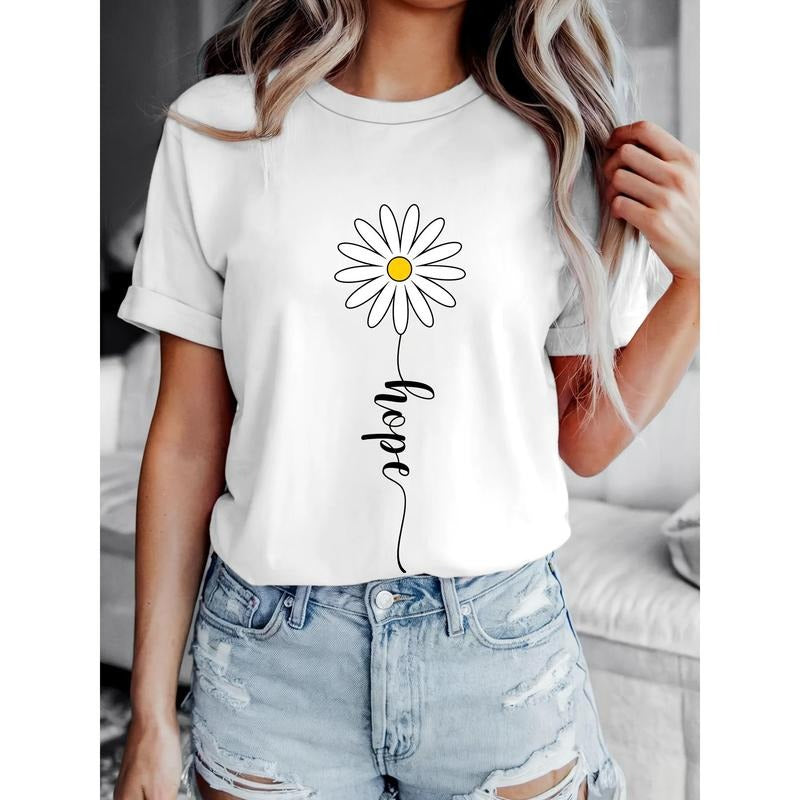 Women'S Daisy Print Pure Round Neck Short Sleeved T-shirt Hoodie, Sweatshirt | UrbanDripWear.com