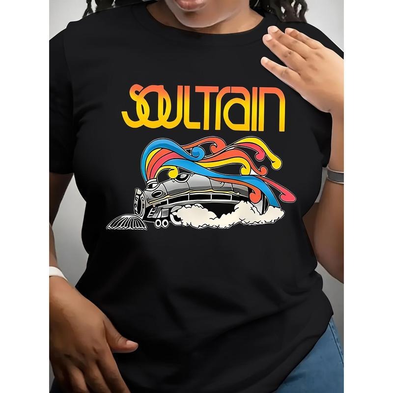 Women'S Fashion Soul Train Graphic  T-Shirt, Casual Crew Neck Short Sleeve T-Shirt, Polyester Knit Fabric, All-Season...