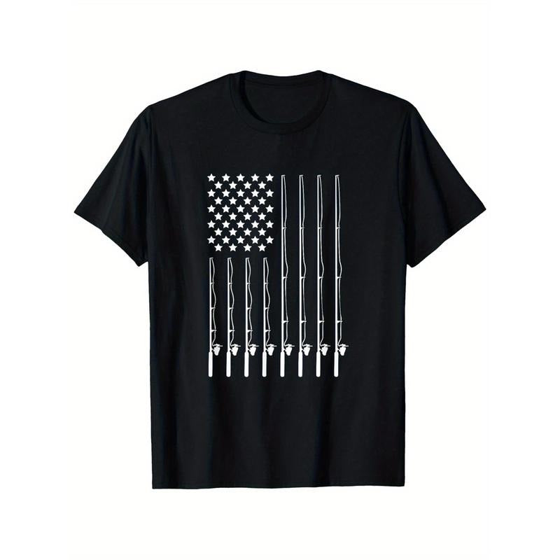 Women'S Fishing Patriotic American Flag T-Shirt, Black, Cotton Casual Round Neck Outdoor Short Sleeve T-Shirt with Slight...