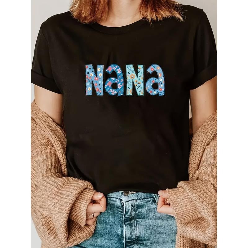 Women'S Floral Print "NANA" Short Sleeve Round Neck Casual T-Shirt