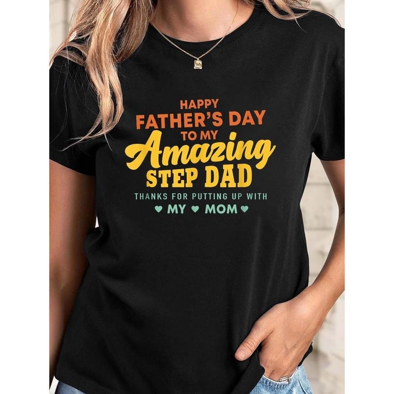 Women'S Funny Father'S Day-Shirt- 'Happy Father'S Day To My Step Dad' Graphic Tee, Casual Round Neck Short Sleeve Top,...