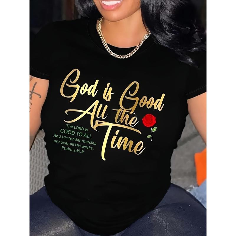 Women'S God Is God All The Time Letter Printed Round Neck Short Sleeve T-Shirt Black Top Hoodie, Sweatshirt