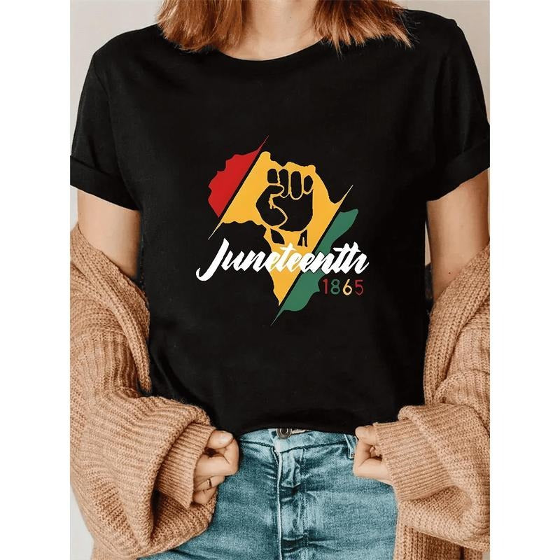 Women'S Juneteenth 1865 Fist Print T-Shirt, Short Sleeve Crew Neck, Medium Stretch Sports Casual Tee, Black with Yellow &...