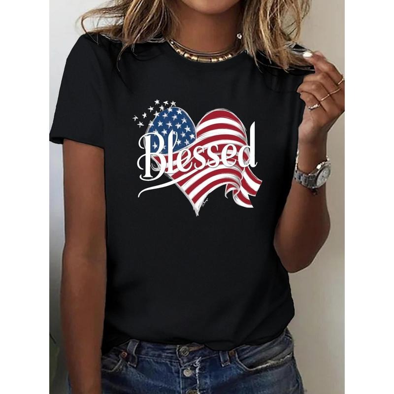 Women'S Patriotic "Blessed" Graphic Tee - American Flag Heart Design, Black Crew Neck Short Sleeve T-Shirt, Casual Summer...