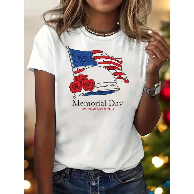 Women'S Patriotic American Flag & Military Cap Print T-Shirt