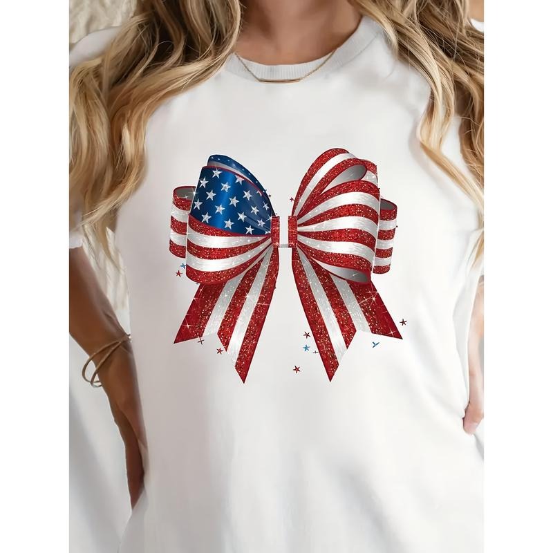 Women'S Patriotic American Flag Bow T-Shirt