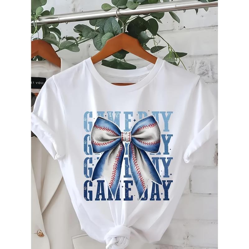 Women'S Plus Size Baseball Patterned T-Shirt, Casual Round Neck Short Sleeved Top with "GAMEDAY" Lettering And Bow...