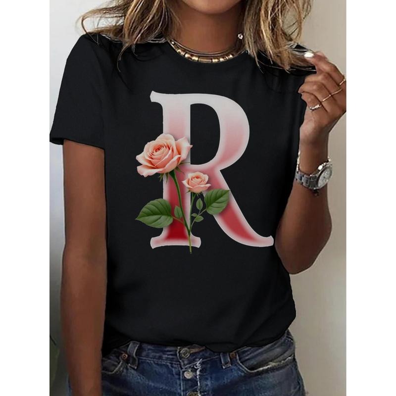 Women'S Rose Letter Print T-Shirt 100% Casual Short Sleeve Crew Neck Romantic Gift Top Hoodie, Sweatshirt | UrbanDripWear.com