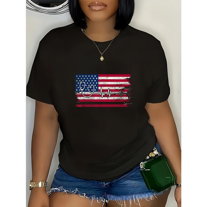 Women'S Round Neck Short Sleeves American Flag Graphic T-Shirt - Black Hoodie, Sweatshirt | UrbanDripWear.com