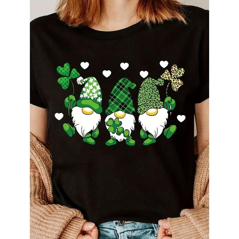 Women'S St. Patrick'S Day Lucky Elf Print T-Shirt, Casual Crew Neck, 100% Knit Fabric, Regular Length, All Seasons, Faith...