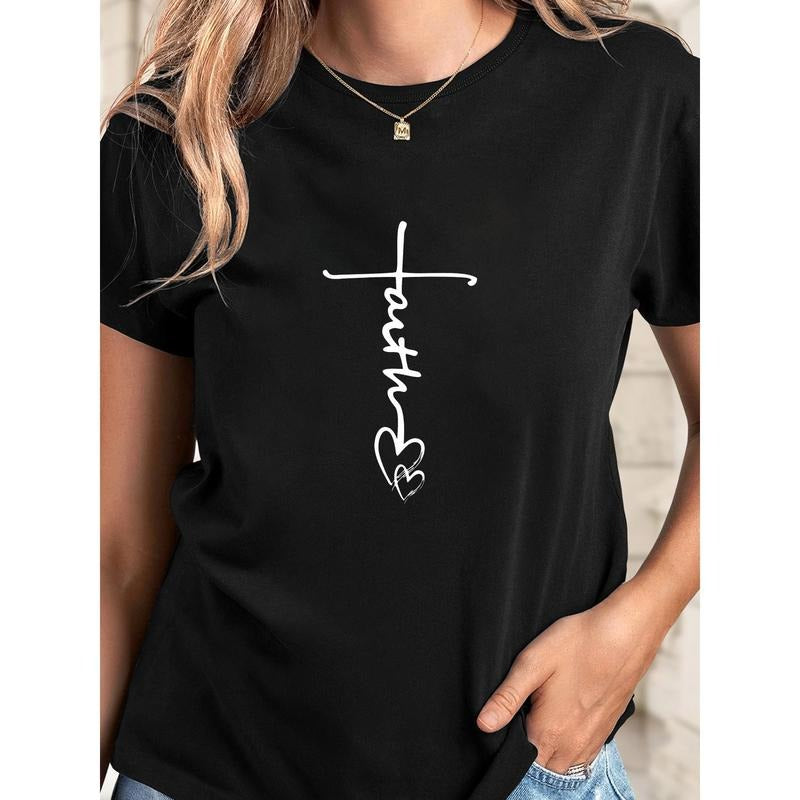 Women'S short Sleeve Faith Print Crew Neck T-Shirt - Casual Regular Knit Top - Suitable for Women - Perfect for Casual Wear