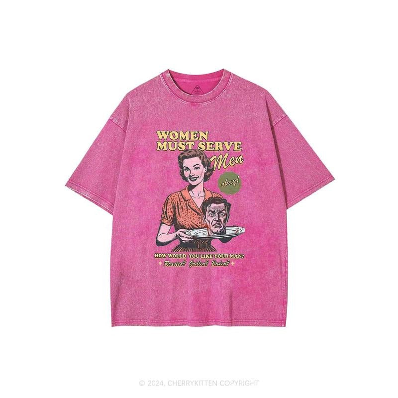 Women Serve Men Y2K Washed Tee Cherrykitten Vintage Shirts, Cotton Unisex Sweatshirt, Crew Neck, Size S- 3XL, Menswear...