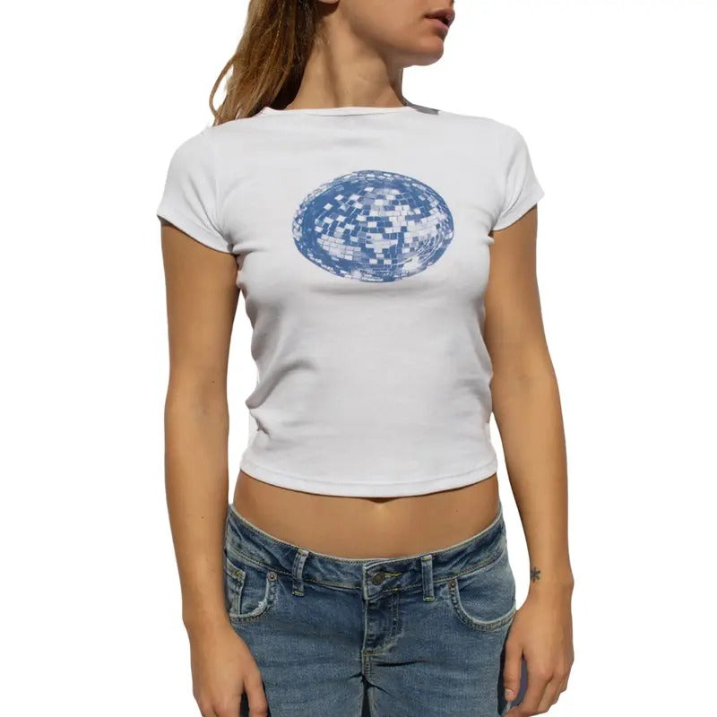 Women Short Sleeve White T-Shirts Disco Ball Graphic Print Round Neck Baby Tee Summer Casual Slim Fit Tops Streetwear...