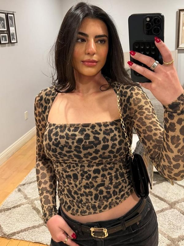 Women Spring Autumn Sexy Long Sleeve Mesh Leopard Print T Shirt Tops Hoodie, Sweatshirt | UrbanDripWear.com