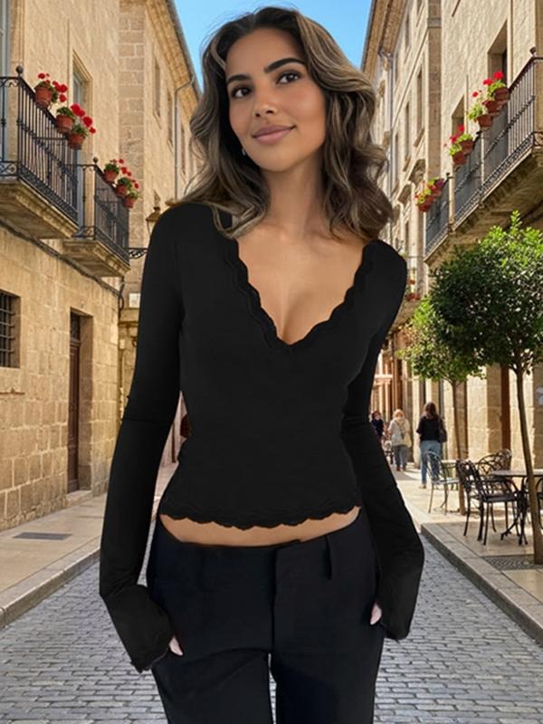 Women Spring Autumn Sexy Long Sleeve V Neck Lace Party Club T Shirt Tops Tee Hoodie, Sweatshirt | UrbanDripWear.com