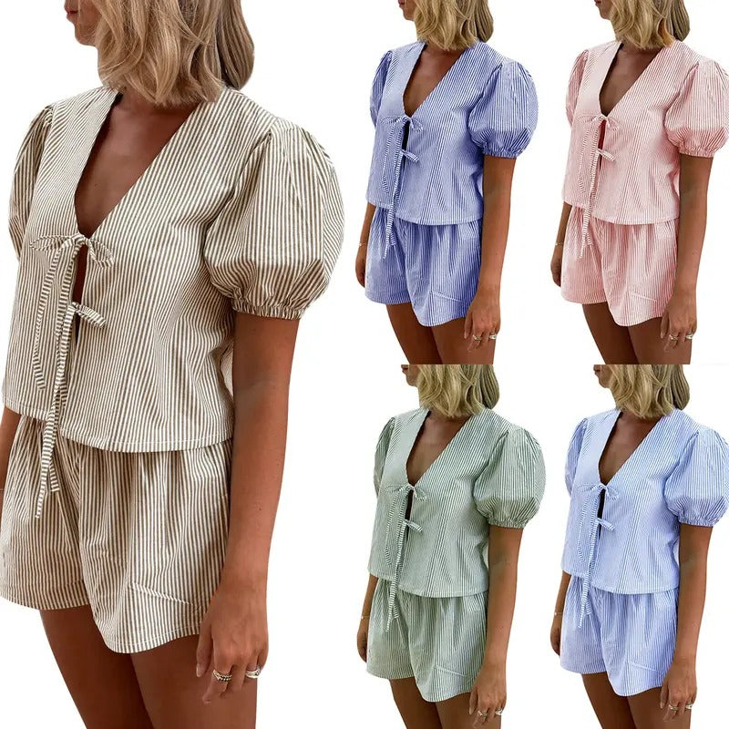Women Striped Casual Lounge Set 2 Piece Pajamas Set Short Puff Sleeve Tie front Shirt Baggy Shorts Vacation Set Hoodie,...