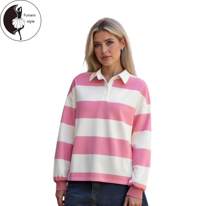 Women Striped Fall Tops Casual Loose Half Button-up Collared Long Sleeve T-shirts Trendy Streetwear Hoodie, Sweatshirt