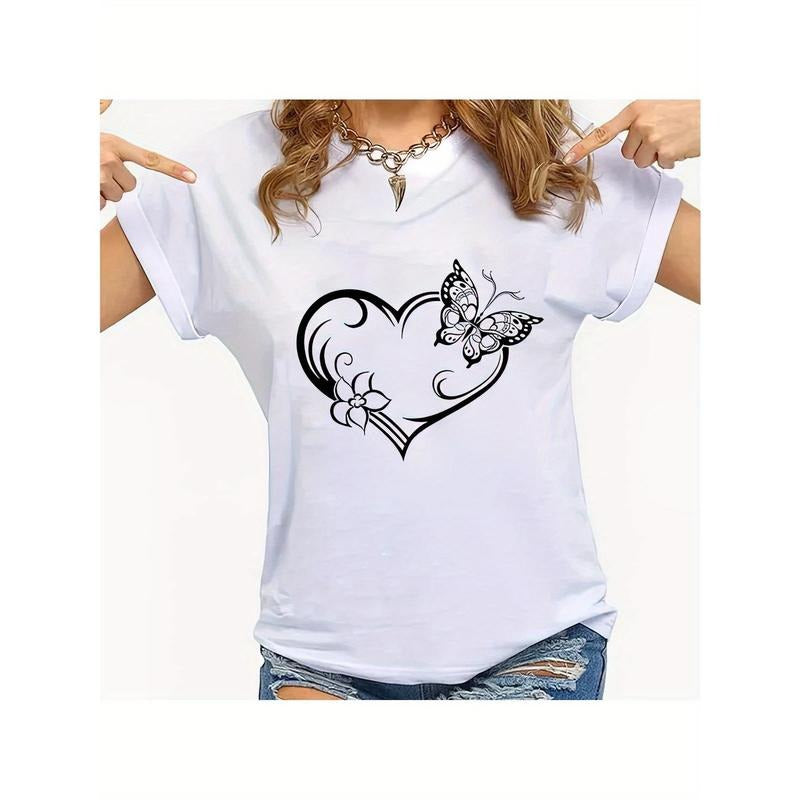Women Summer Casual Short Sleeve Round Neck T-Shirt Female Butterfly Graphic Print T Shirts style 02 Hoodie, Sweatshirt