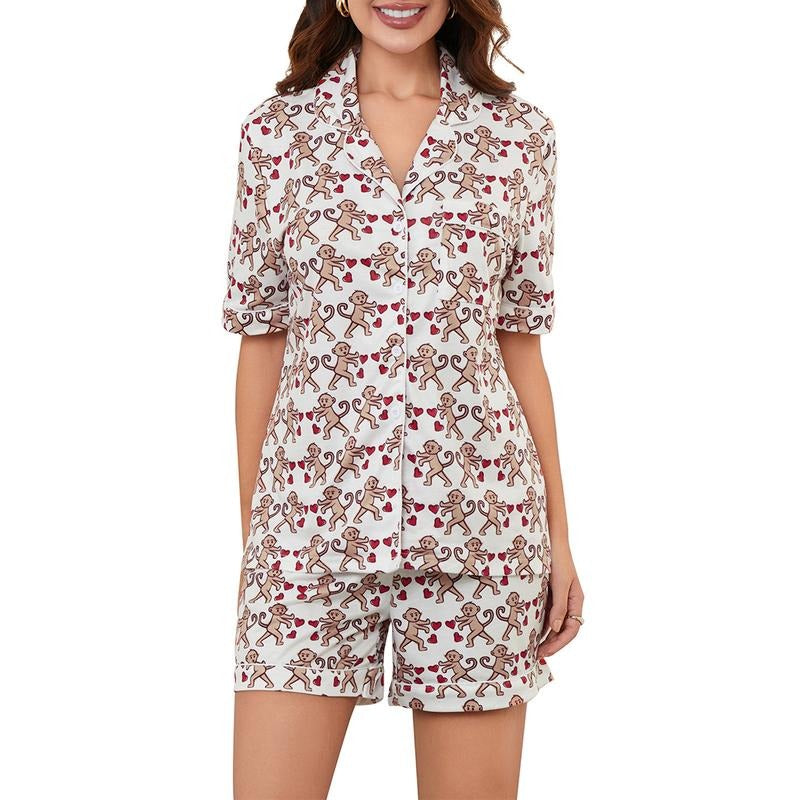 Women Summer Pjs Set Monkey Heart Print Short Sleeves Shirt and Elastic Shorts for 2 Piece Loungewear Soft Sleepwear...