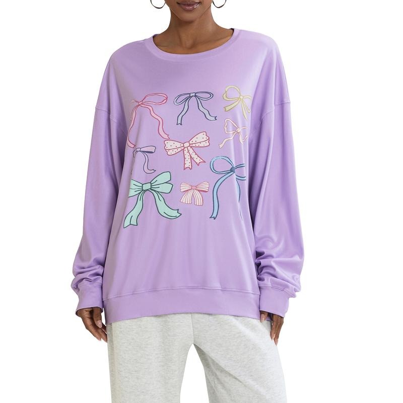 Women Sweatshirt, Long Sleeve Crew Neck Bowknot Print Hoodie Pullover Casual Tops T-Shirts | UrbanDripWear.com
