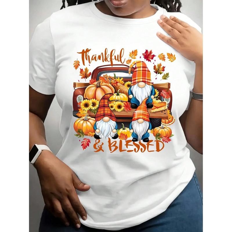 Women Thanksgiving Graphic T-Shirt, Pumpkins & Turkey Design, Casual Short Sleeve Round Neck Top, Regular Fit,...