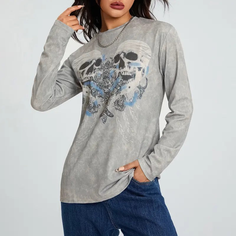 Women Trendy T-Shirt, Halloween Skulls Cross Print Round Neck Long Sleeve Relax Fit Casual Tops for Females, Gray Fabric...
