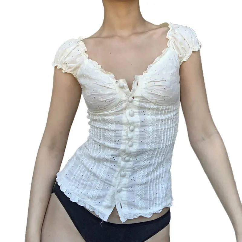 Women Y2k Girls Sexy T-Shirt Crio Top Short Sleeve Ruffle Hem Button Down Lace Tee Shirt Y2k Vintage Cute Fairy Tank Top...