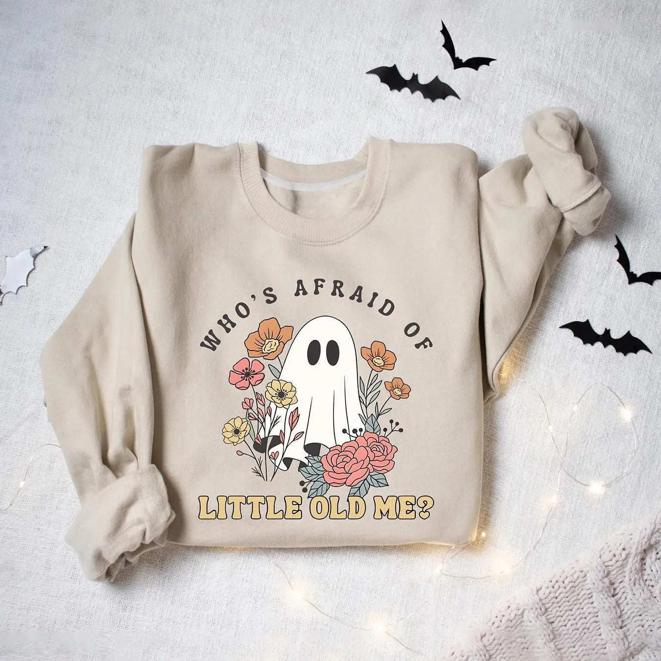 Women's   Cartoon Ghost & Floral Print Drop Shoulder Sweatshirt, Casual Long Sleeve Round Neck Pullover for Daily Wear,...