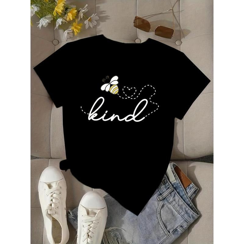 Women's  'Kind' Letter & Bee Graphic T-Shirt - 100% Cotton Casual Round Neck Short Sleeve Top, Breathable Summer Tee with...