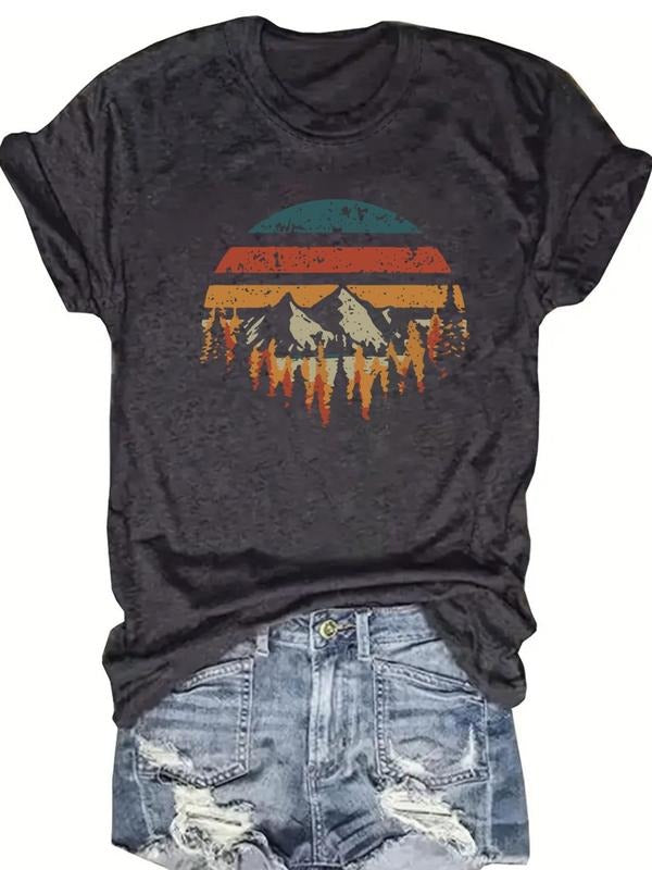 Women's   Mountain Print Round Neck Tee, Casual Short Sleeve Crew Neck T-shirt for Daily Wear, Ladies Clothes for All...