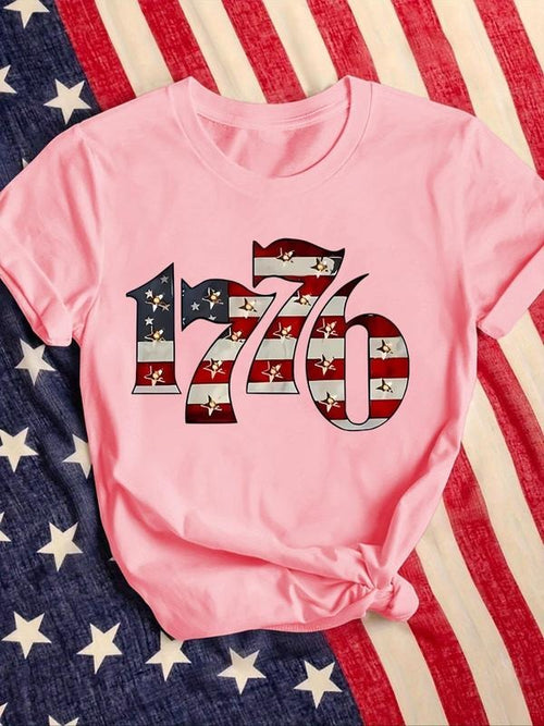 Women's "1776" Figure & American Flag Print Round Neck Tee, Vintage Trendy Casual Short Sleeve T-shirt for Daily Wear,...