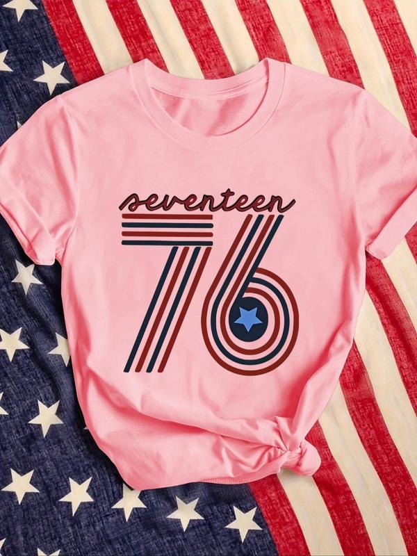 Women's "76" Number Print Round Neck Short Sleeve Tee, Fashion Casual Letter Print Crew Neck T-shirt for Daily Holiday...