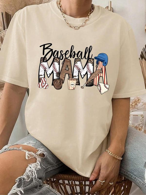 Women's "Baseball MAMA" Slogan Print Round Neck Tee, Women's Letter & Baseball Print Round Neck Graphic Tee, Vintage...