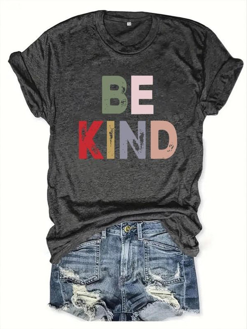 Women's "Be Kind" Letter Print Round Neck Tee, Vintage Trendy Casual Short Sleeve T-shirt for Daily Wear, Graphic Tees,...