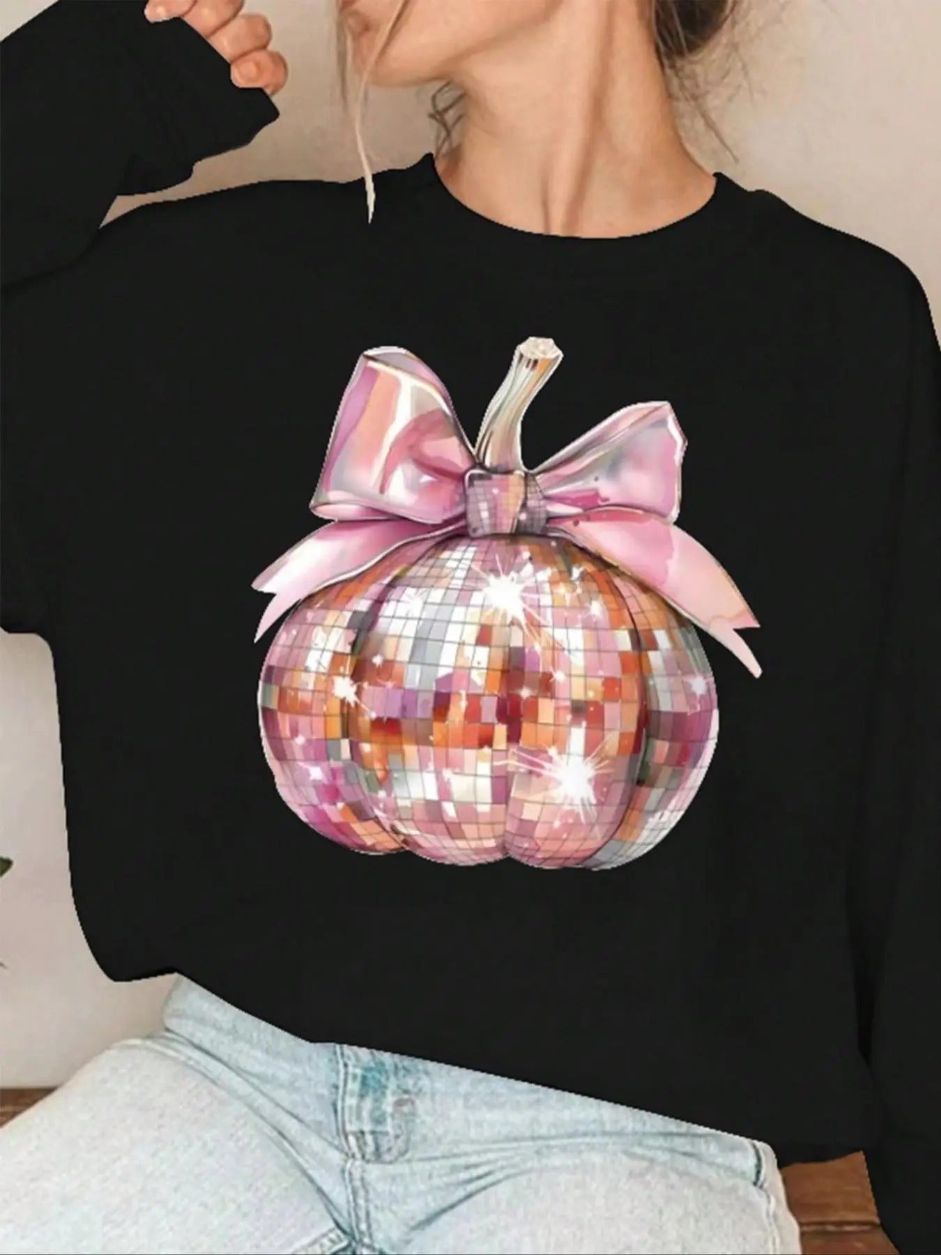 Women's  Bowknot & Pumpkin Print Drop Shoulder Sweatshirt, Halloween Casual Long Sleeve Round Neck Pullover for Fall &...