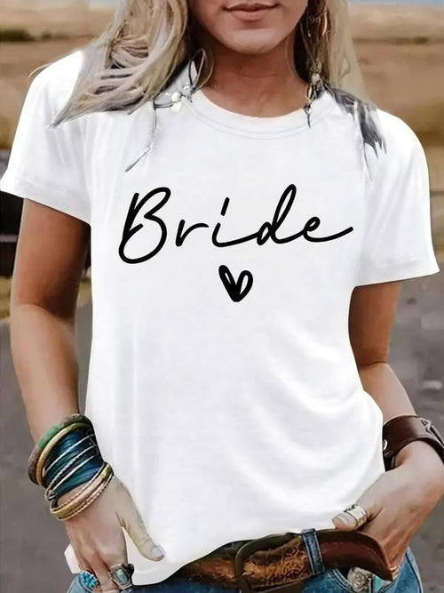 Women's "Bride" Slogan Print Round Neck Tee, Vintage Trendy Casual Short Sleeve T-shirt for Daily Wear, Ladies Summer,...