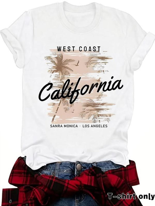 Women's "CALIFORNIA" Letter Print Round Neck Graphic Tee, Vintage Trendy Casual Short Sleeve T-shirt for Daily Wear,...