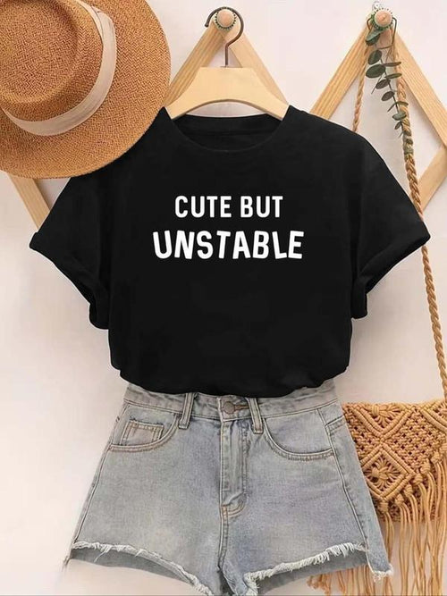 Women's "CUTE BUT UNSTABLE" Letter Print Tee, Casual Round Neck Short Sleeve T-shirt, Ladies Summer Outfit Hoodie, Sweatshirt