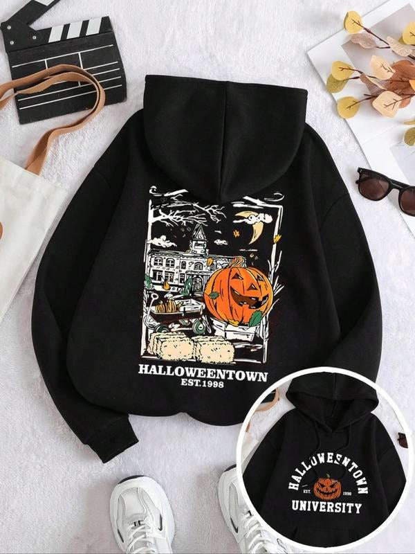 Women's  Cartoon & Letter Print Thermal Lined Hoodie, Casual Long Sleeve Drawstring Pocket Hooded Sweatshirt for Fall &...