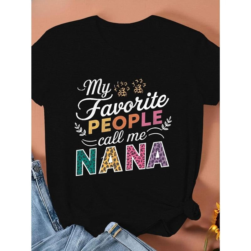 Women's  Casual T-Shirt "My Favorite People Call Me Nana" Colorful Leopard Print Design, Short Sleeve Round Neck,...