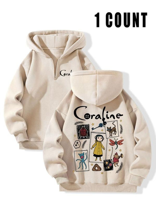 Women's "Coraline" Cartoon Graphic Half-Zip Hoodie - Oversized Fleece-Lined Casual Sweatshirt T-Shirts | UrbanDripWear.com