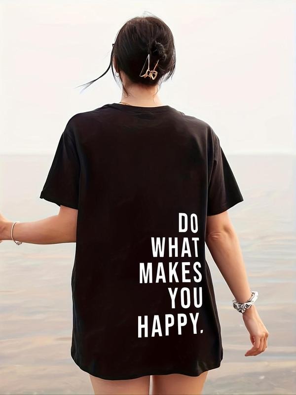 Women's "Do What Makes You Happy" Slogan Print Round Neck Tee, Trendy Casual Drop Shoulder Short Sleeve T-Shirt for Daily...
