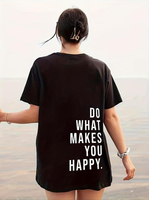 Women's "Do What Makes You Happy" Slogan Print Round Neck Tee, Trendy Casual Drop Shoulder Short Sleeve T-Shirt for Daily...