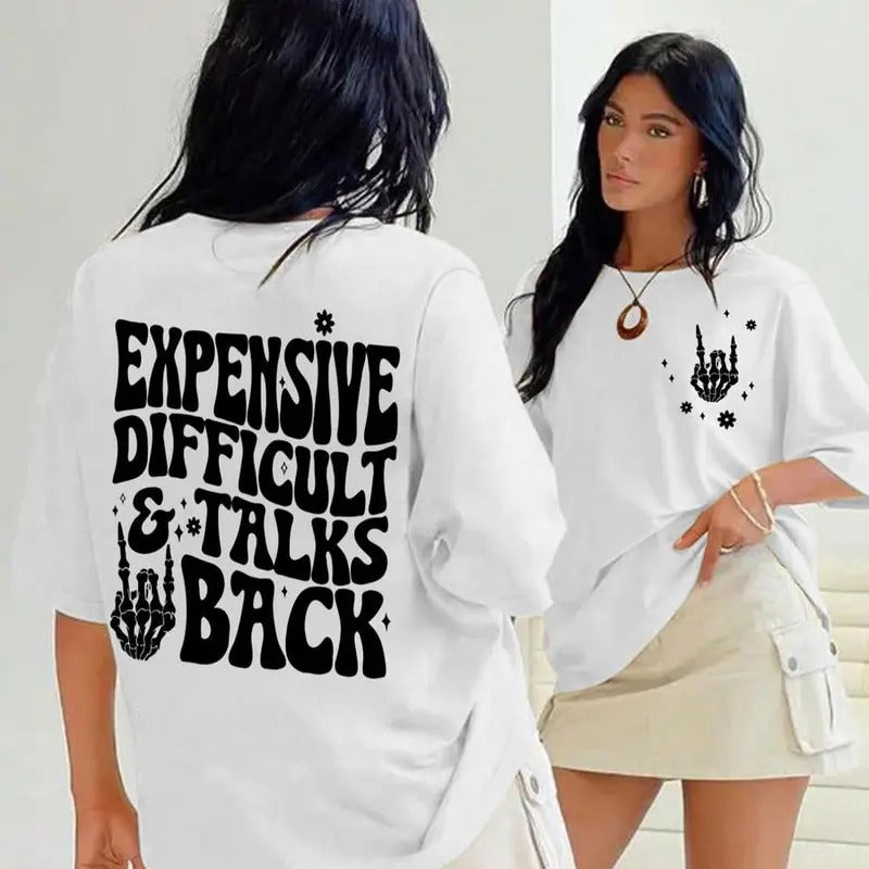 Women's  Expensive Difficult and Talks Back  Slogan Print Skeleton Hand Graphic Round Neck Tee, Casual Half Sleeve Crew...