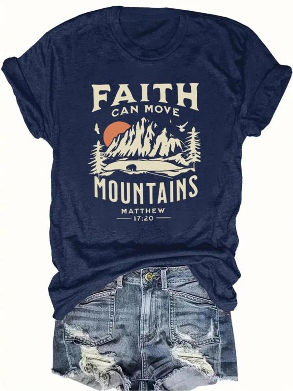 Women's "FAITH CAN MOVE MOUNTAINS" Letter & Landscape Print Round Neck Graphic Tee, Vintage Trendy Casual Short Sleeve...